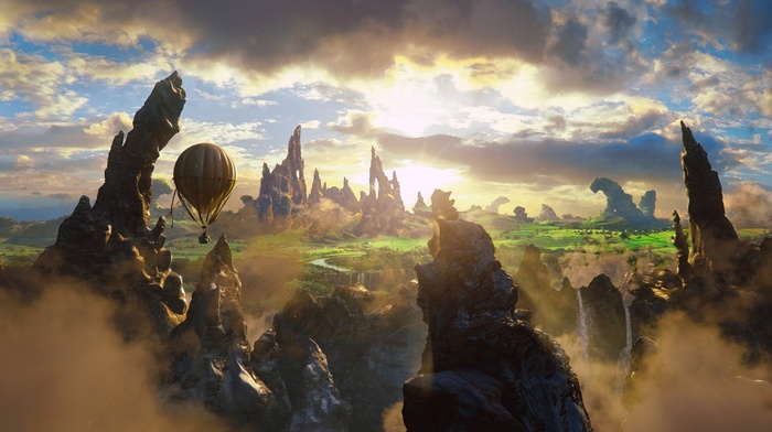 sunlight, rock formation, hot air balloons, digital art, fantasy art, Oz the Great and Powerful, landscape