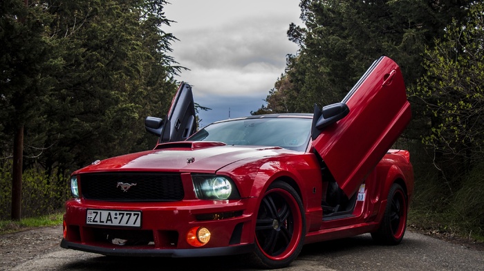 forest, road, wheels, tuning, red, headlights, cars, Ford Mustang