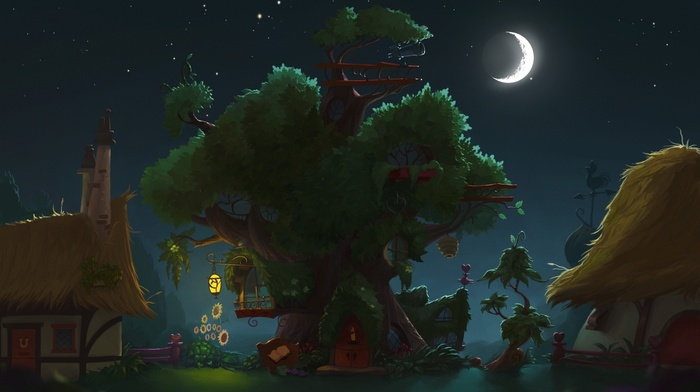 night, treehouses, artwork, moon, house