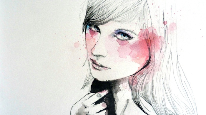 face, girl, artwork, white background, painting, watercolor