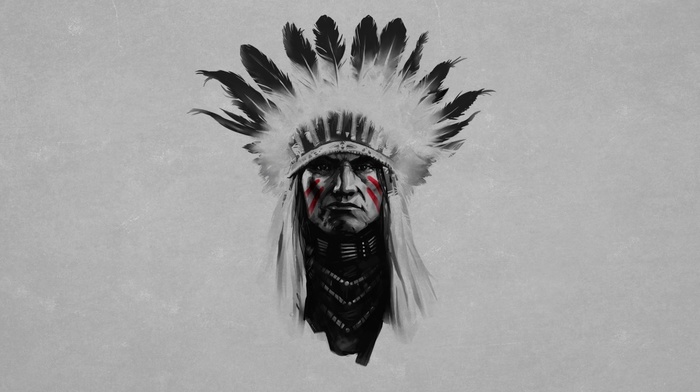 simple background, native americans, headdress, feathers, artwork, selective coloring