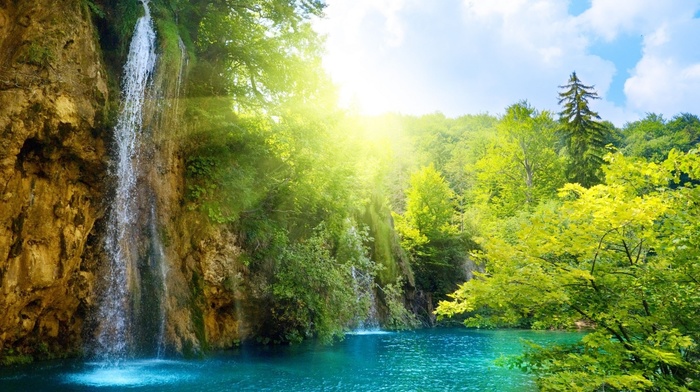 water, lake, nature, summer, waterfall, greenery, trees, beauty, sky, Sun