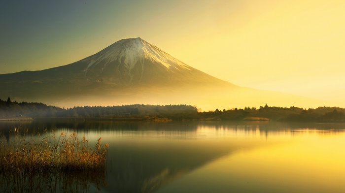 sunrise, mountain, Mount Fuji, lake, landscape