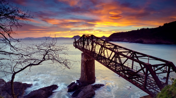 bridge, nature, sea, HDR, sunset