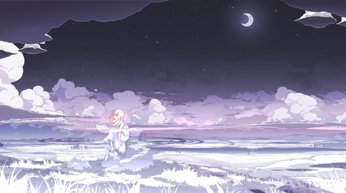 clouds, white, night, white dress, anime girls, stars, moon