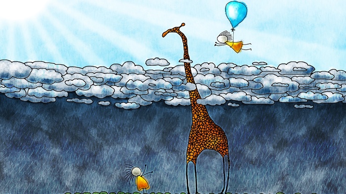 clouds, anime, artwork, rain, Vladstudio, balloons, giraffes