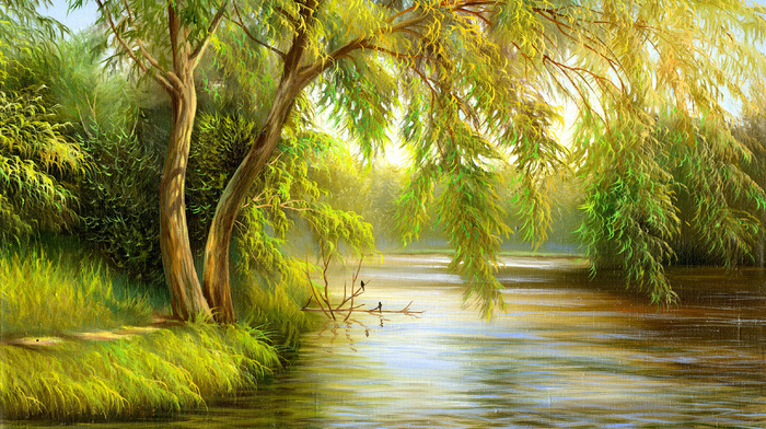 painting, birds, summer, nature, painting, stunner, trees, river