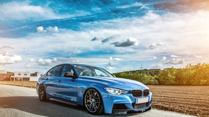 clouds, blue cars, BMW, car