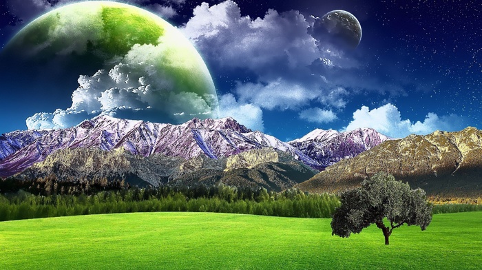 planets, field, trees, mountain, stunner