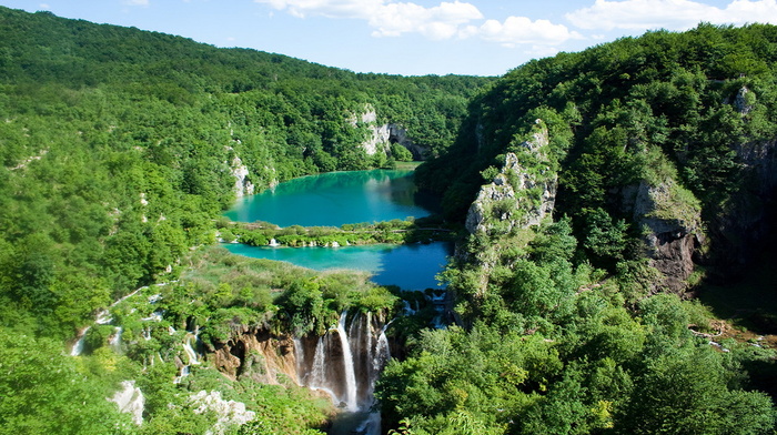 nature, waterfall, sky, lake, greenery, forest, beauty, mountain