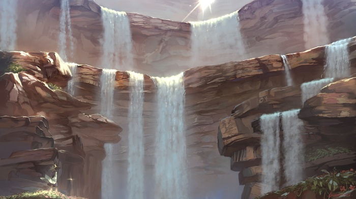 water, waterfall, rock, artwork