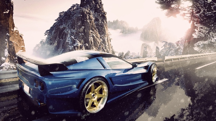 rims, road, snow, car, Chevrolet Corvette, blue cars, mountain