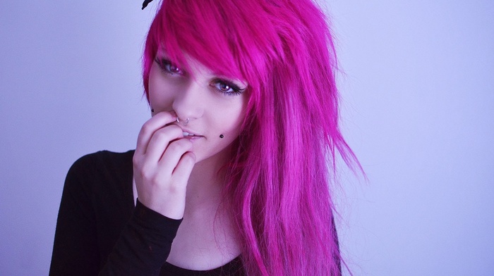 girl, pink hair, piercing, nose rings, smiling