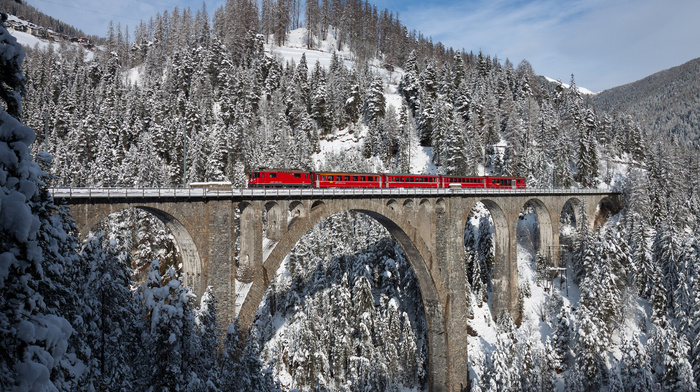 winter, Switzerland, bridge, train, forest, red, Alps