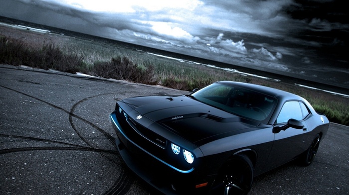 cars, tuning, nature, road, cloudy, black, sky, field