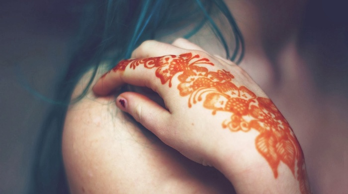 girl, teal hair, hand, henna