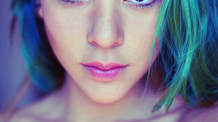 eyes, teal hair, girl, blue hair, face