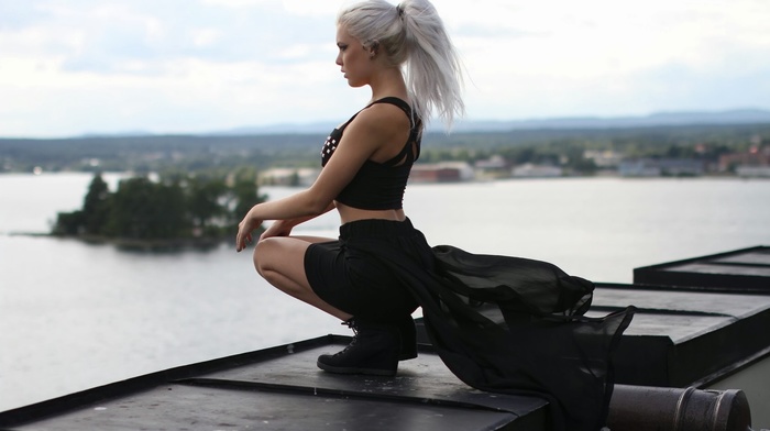 white hair, cannons, cannon, black clothing, girl, lake