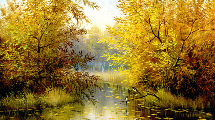 nature, trees, birds, autumn, painting, river, painting