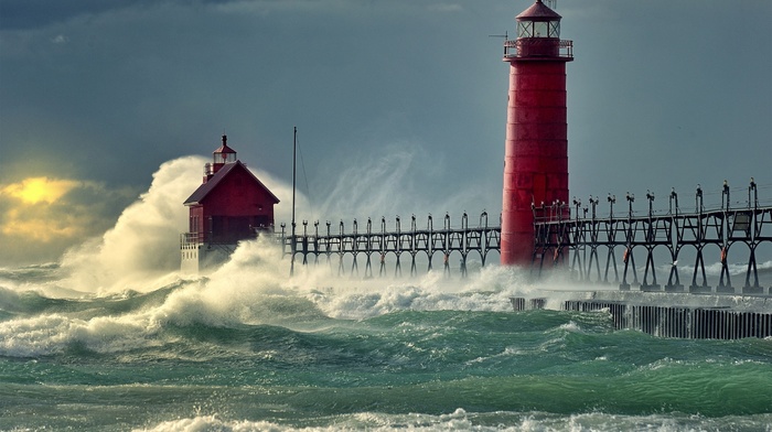 stunner, sky, Sun, cloudy, red, lighthouse, waves, storm
