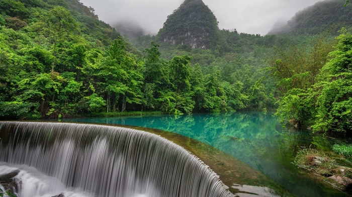forest, nature, river, waterfall, mist, mountain, cloudy, stones