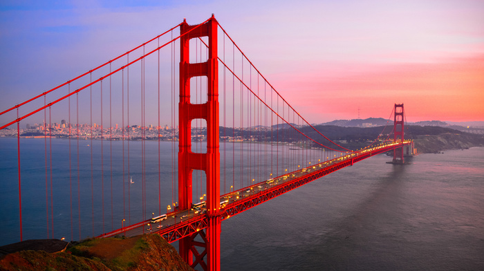 bay, USA, city, cities, sunset, red, bridge