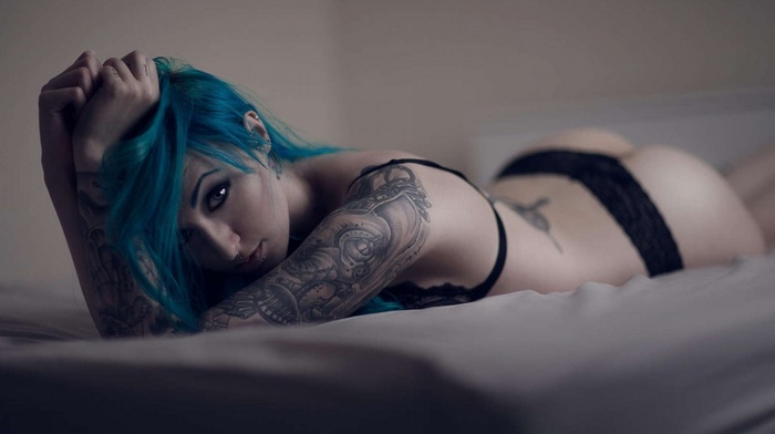 girls, girl, sexy, blue hair, sight, tattoo