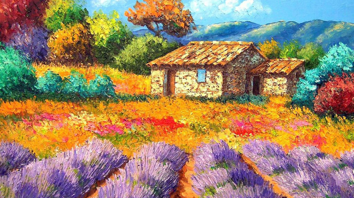 landscape, nature, painting, painting, house, stunner
