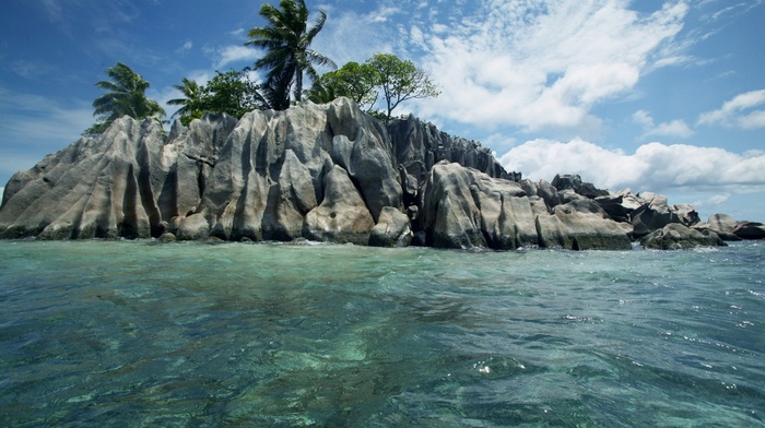 rocks, sky, beautiful, nature, island, palm trees, stones, ocean