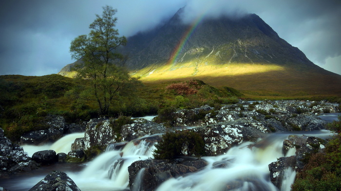 mountain, nature, tree, river, rainbow, cloudy