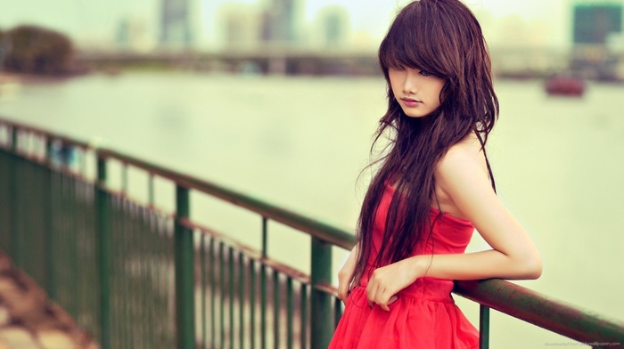 girl, Asian, brunette, model, red dress