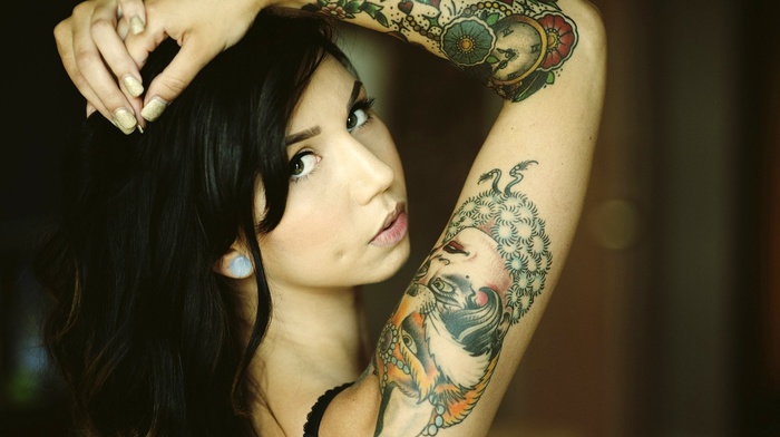 girl, green eyes, tattoo