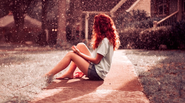 redhead, photo manipulation, girl, sitting, pavements