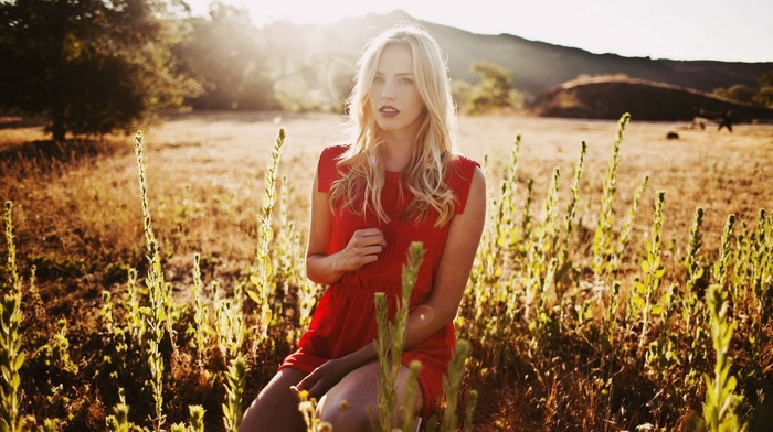 red dress, girl, field, blonde