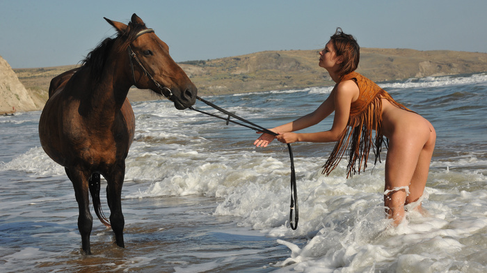 girl, sea, horse, sky, girls