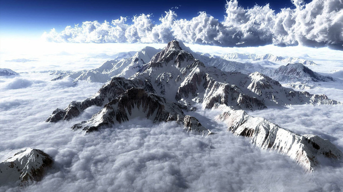 space, stunner, sky, snow, clouds, mountain, light, photo, photoshop