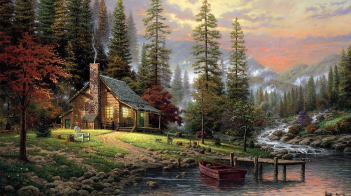 chimneys, stream, pier, forest, trees, painting, chair, cottage, boat, stones