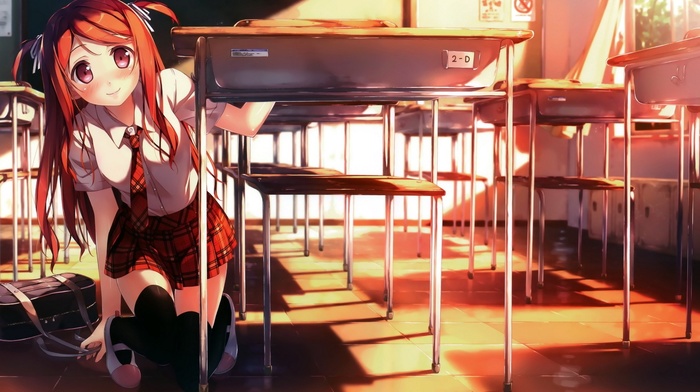 original characters, chair, skirt, school uniform, black board, schoolgirls, classroom, anime girls, long hair, anime, Kantoku, tie