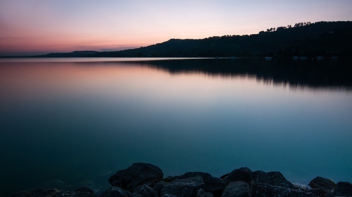 lake, rock, Switzerland, silhouette, reflection, landscape, sunrise