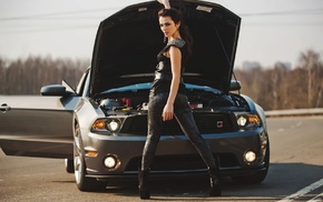 girl, brunette, model, girl with cars, Ford Mustang