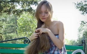 bench, girl, model, long hair, bare shoulders