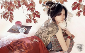 brunette, tattoo, drawing, video games, dragon