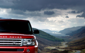 mountain, cars, sky, clouds, red