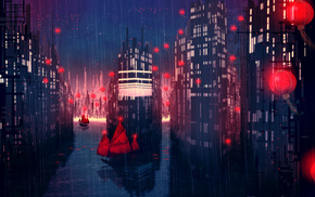 rain, city, anime, night
