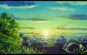 anime, town, Sun, sunlight, cityscape