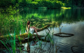 girl, pond