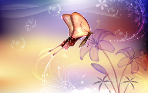 flowers, butterfly, bubbles, 3D