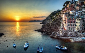 houses, boats, cities, sunset, rocks