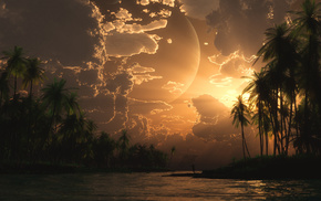 sunset, sea, palm trees, 3D
