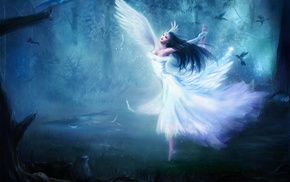 angel, forest, birds, girl, wings